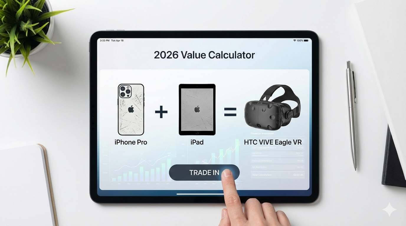 螢幕顯示舊款 Apple 裝置回收金額加總等於 HTC VIVE Eagle